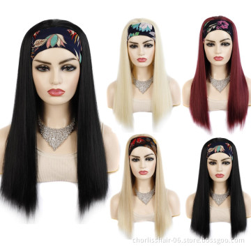 Wholesale Light Blonde Black Burgundy Long Straight Scarf Colorful Turban Wigs Cheap Heat Resistant Synthetic Headband Hair Wigs